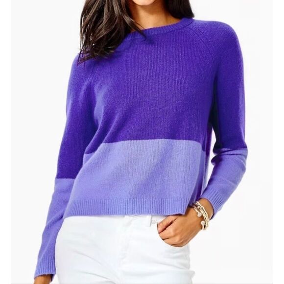 Lilly Pulitzer kinnik cashmere sweater purple colorblock Sz L - Picture 2 of 10